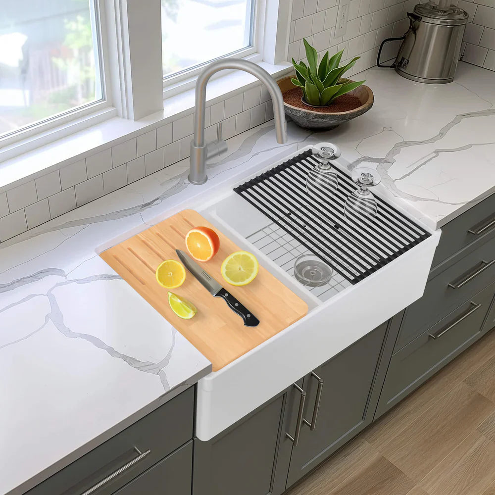 33" Fireclay Double Bowl Farmhouse Kitchen Workstation Sink - C2-33DFT