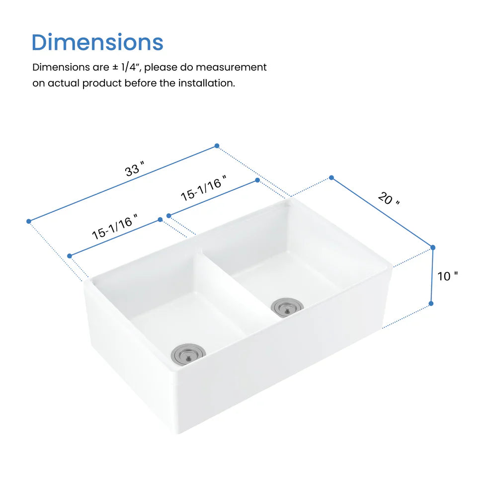 33" Fireclay Double Bowl Farmhouse Kitchen Workstation Sink - C2-33DFT