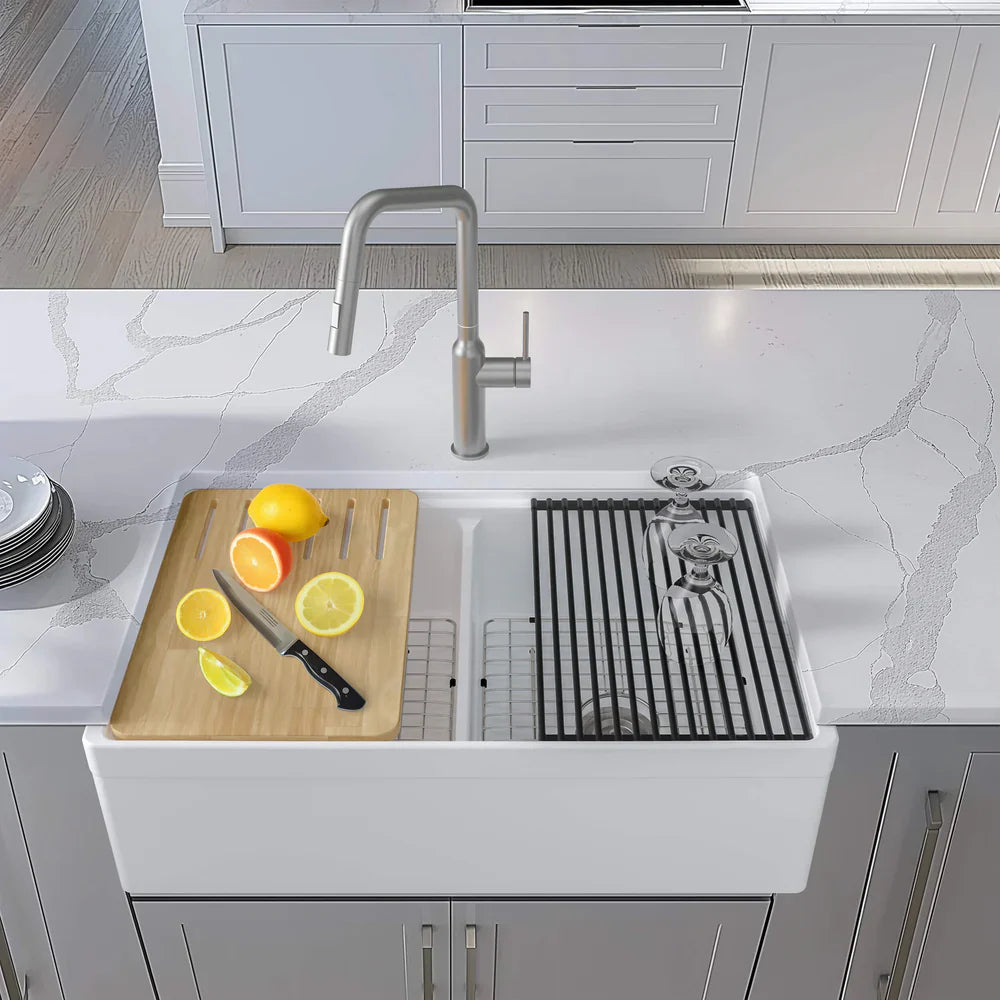 33" Fireclay Double Bowl Farmhouse Kitchen Workstation Sink - C2-33DFT
