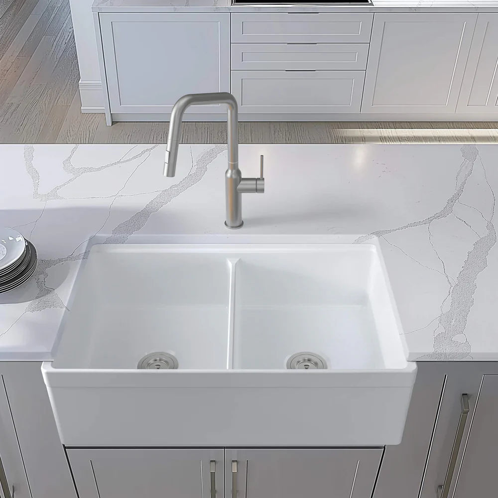 33" Fireclay Double Bowl Farmhouse Kitchen Workstation Sink - C2-33DFT