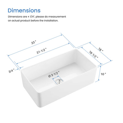 Nova 33" Fireclay Single Bowl Kitchen Farmhouse Sink
