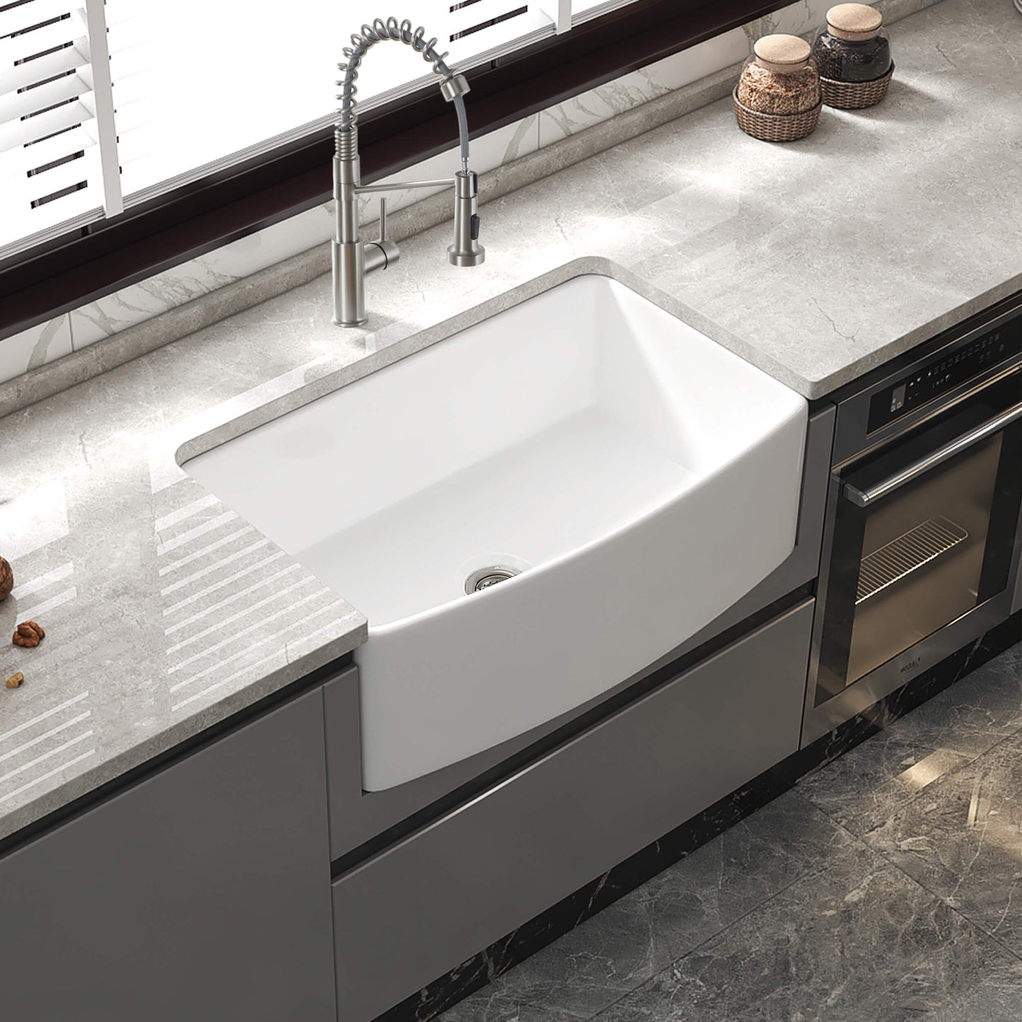 Nova 33" Curved Apron Front Fireclay Farmhouse Kitchen Sink