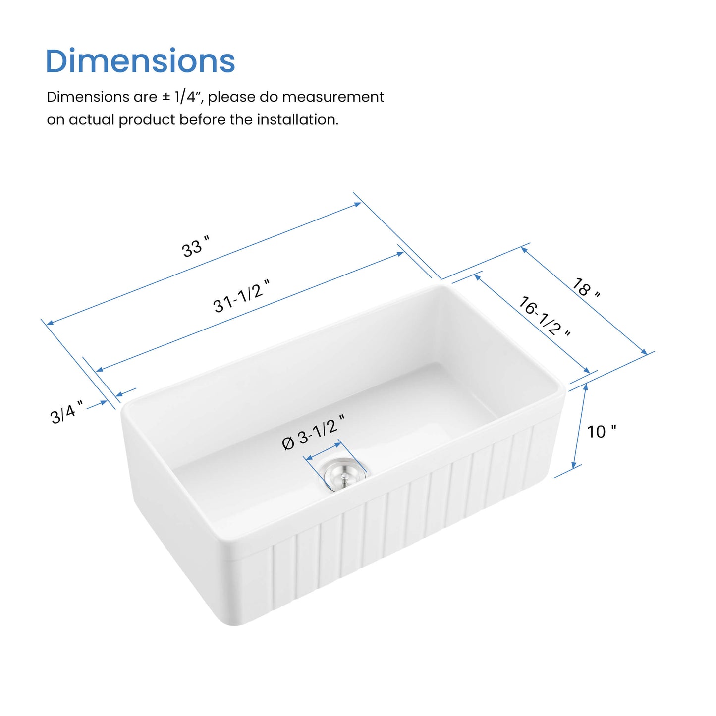White kitchen sink with dimensions labeled on a white background