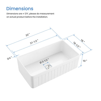 White kitchen sink with dimensions labeled on a white background