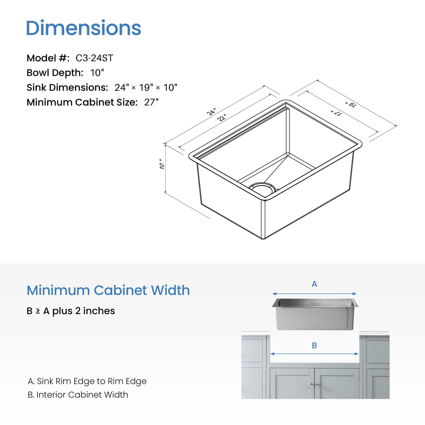 24" Handcrafted 316 Marine Grade Stainless Steel 16 Gauge Single Bowl Workstation Undermount Kitchen Sink