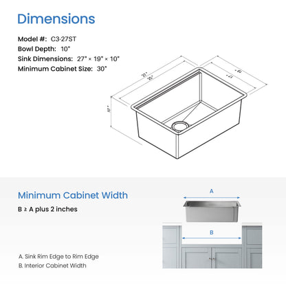 27" Handcrafted 316 Marine Grade Stainless Steel 16 Gauge Single Bowl Workstation Undermount Kitchen Sink