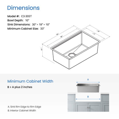30" Handcrafted 316 Marine Grade Stainless Steel 16 Gauge Single Bowl Workstation Undermount Kitchen Sink