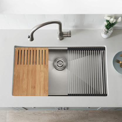 33" Handcrafted 316 Marine Grade Stainless Steel 16 Gauge Single Bowl Workstation Undermount Kitchen Sink