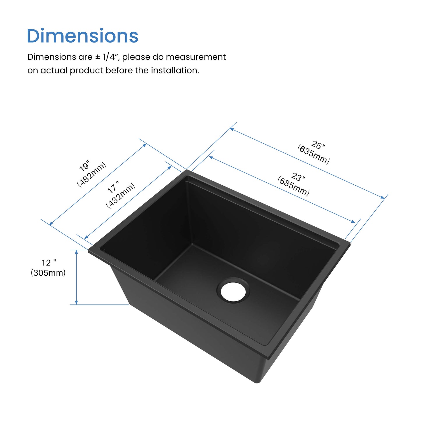 25" Undermount Workstation Single Bowl Quartz Kitchen Sink