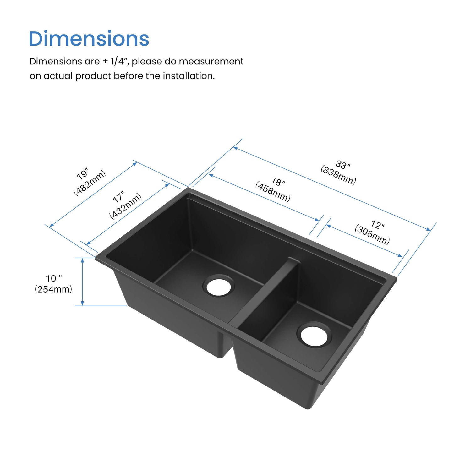 33" Undermount Workstation Double Bowl Quartz Kitchen Sink
