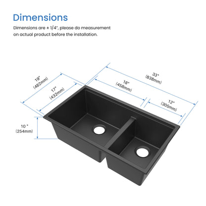 33" Undermount Workstation Double Bowl Quartz Kitchen Sink