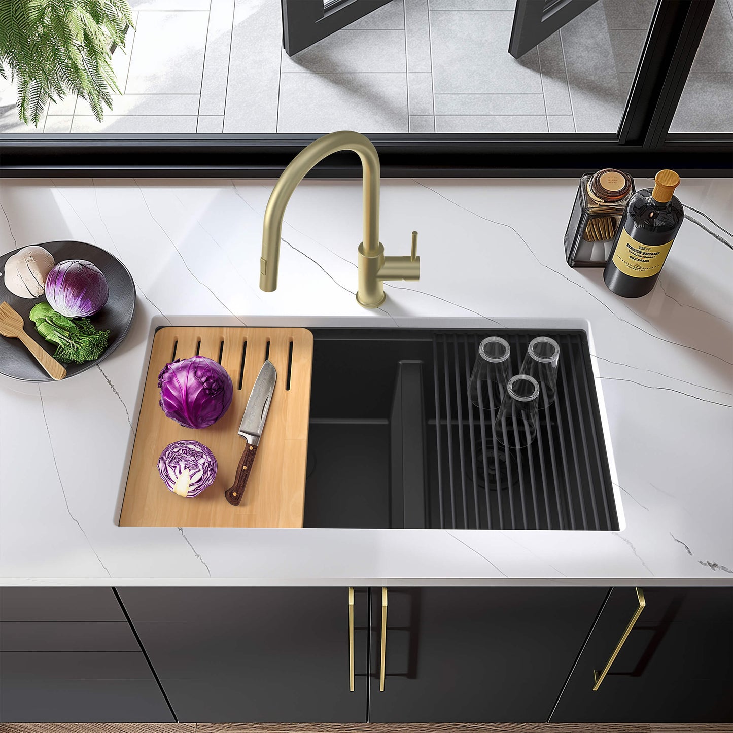 33" Undermount Workstation Double Bowl Quartz Kitchen Sink