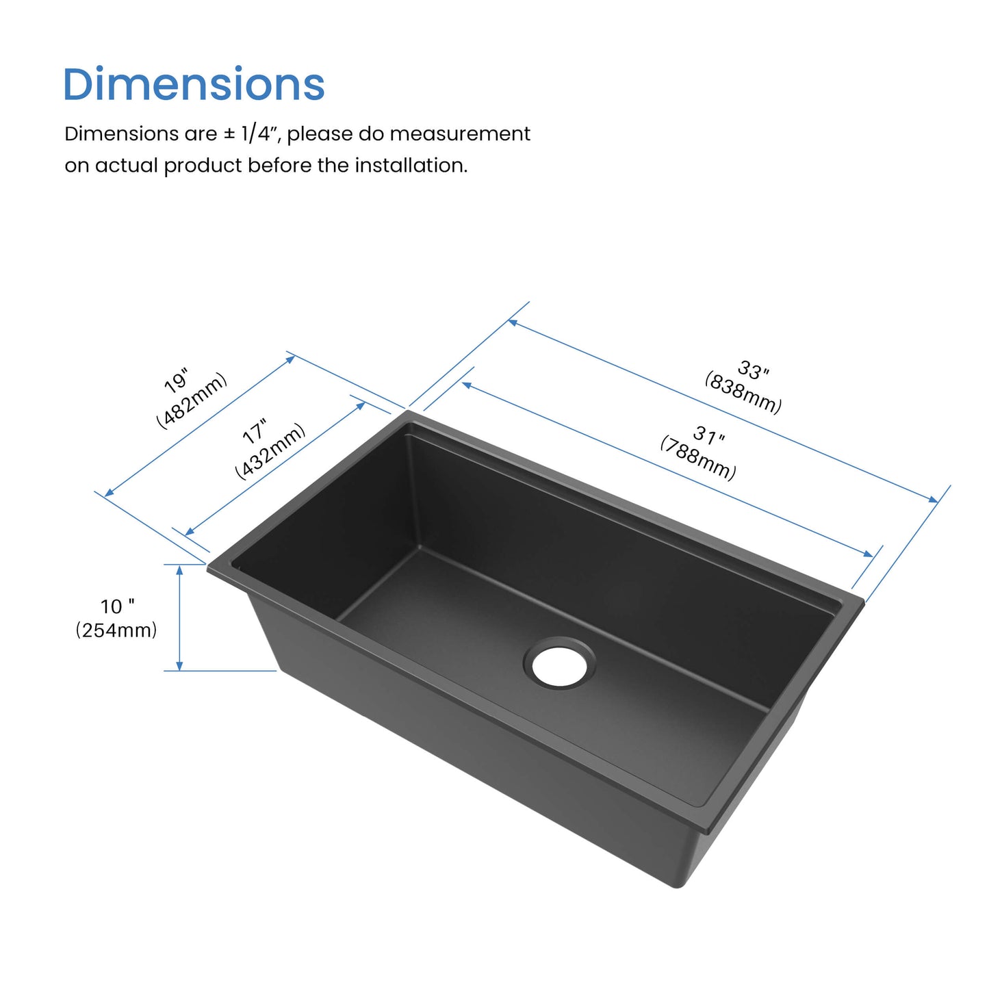 33" Undermount Workstation Single Bowl Quartz Kitchen Sink