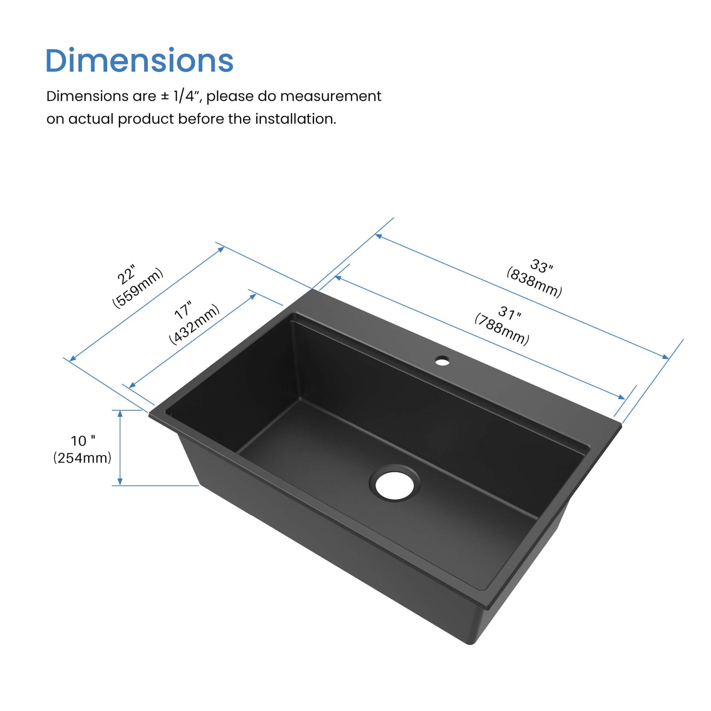 33" Top-Mount Workstation Single Bowl Quartz Kitchen Sink