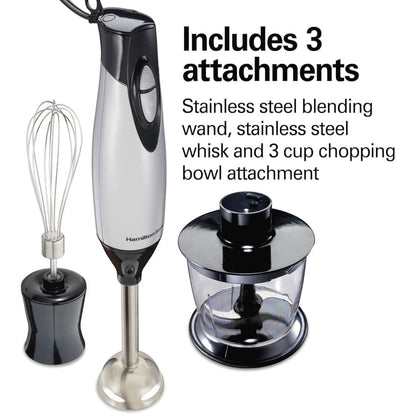Hamilton Beach 4-in-1 Electric Immersion Hand Blender with Handheld Blending Stick, Whisk + 3-Cup Food & Vegetable Chopper Bowl, 2-Speeds, 225 Watts, Silver and Stainless Steel