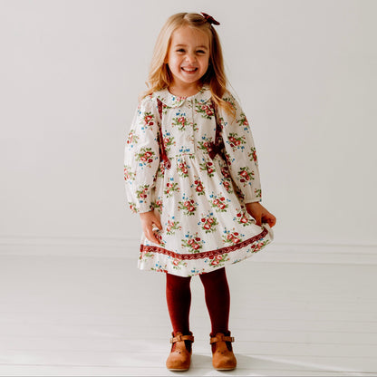 Bunch Floral Printed Girl's Cotton Dress with Crimson Lace