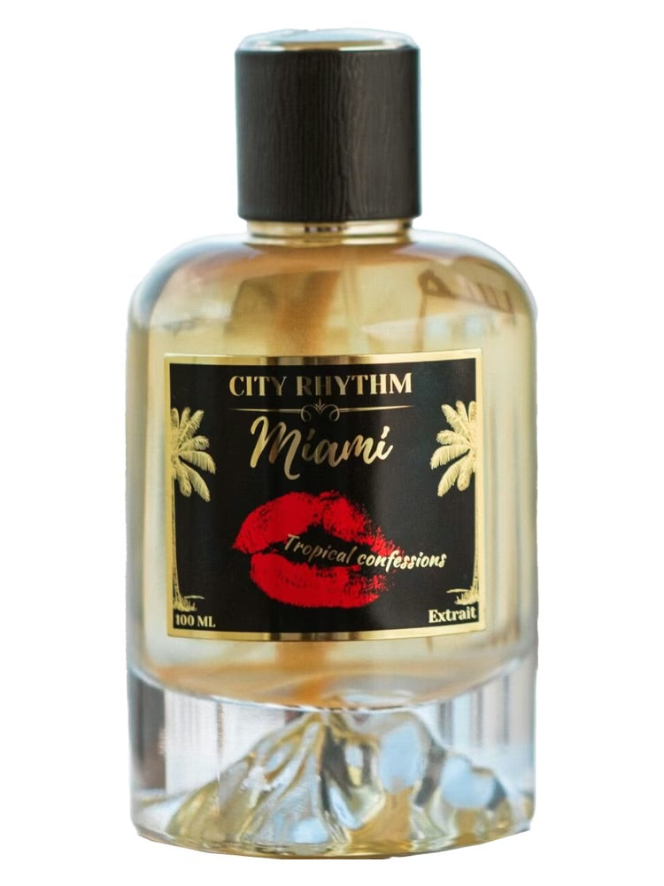 Perfume bottle labeled 'City Rhythm Miami' with a black cap and decorative label on a white background.