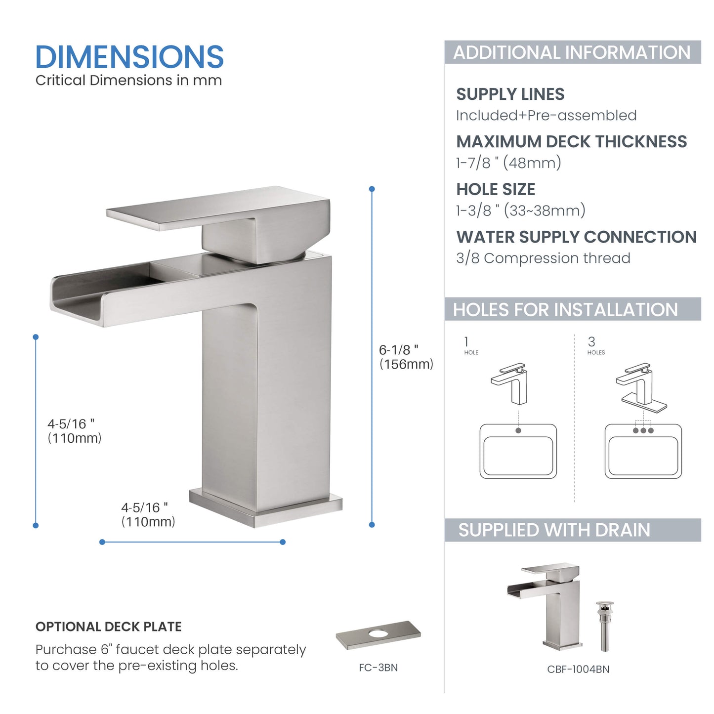 Quadra Waterfall Single Handle Bathroom Vanity Sink Faucet with Pop Up Drain