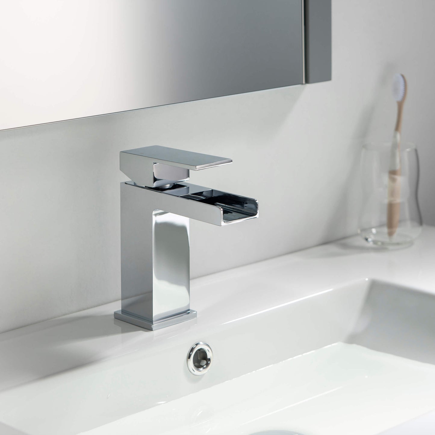 Quadra Waterfall Single Handle Bathroom Vanity Sink Faucet with Pop Up Drain