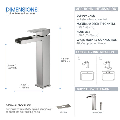 Quadra Waterfall Single Handle Bathroom Vessel Sink Faucet with Pop Up Drain