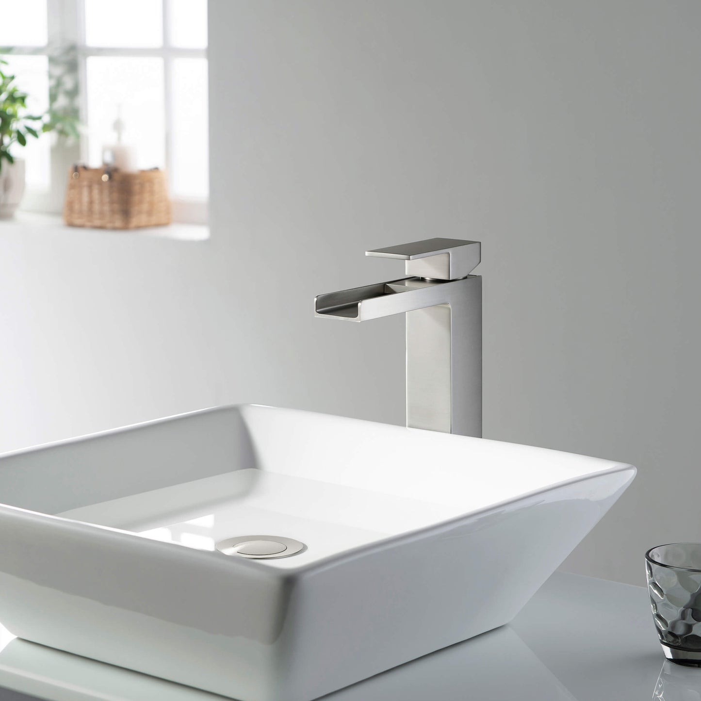 Quadra Waterfall Single Handle Bathroom Vessel Sink Faucet with Pop Up Drain