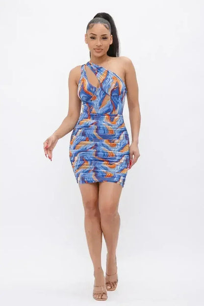 Printed One Shoulder Mini Dress