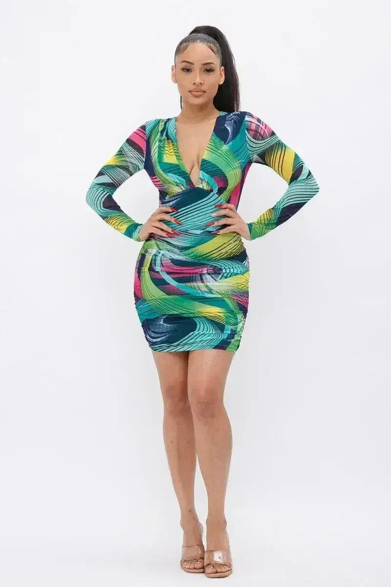 Printed V-Neck Dress - Long Sleeve Flowy Dress | Femstylo