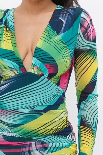 Printed V-Neck Dress - Long Sleeve Flowy Dress | Femstylo
