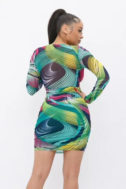 Printed V-Neck Dress - Long Sleeve Flowy Dress | Femstylo