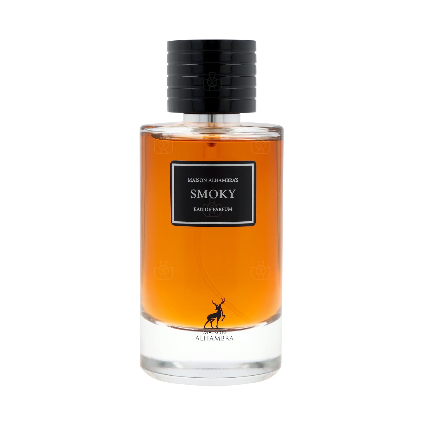 Perfume bottle labeled 'Smoky' by Alhambra on a white background
