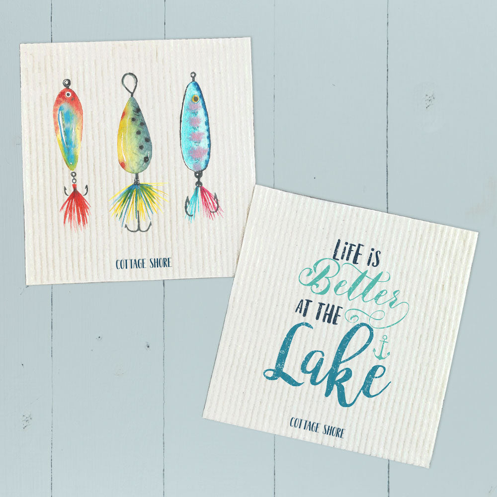 Better at Lake, Watercolor Bait - 2pk Swedish Dish Cloth