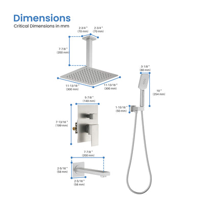 Quadra Pressure Balanced 3-Function Ceiling Mount Shower System with Rough-In Valve