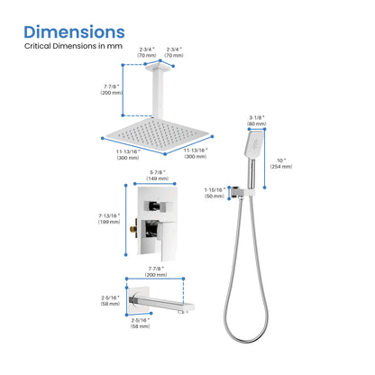 Quadra Pressure Balanced 3-Function Ceiling Mount Shower System with Rough-In Valve