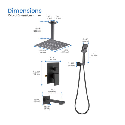 Quadra Pressure Balanced 3-Function Ceiling Mount Shower System with Rough-In Valve