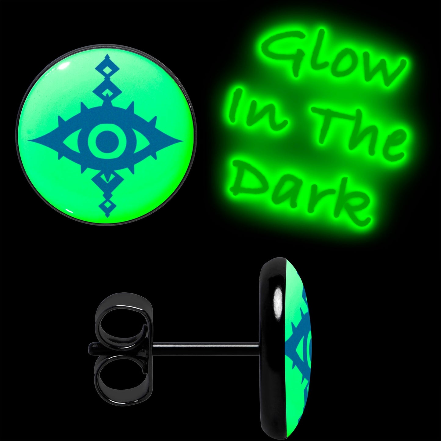 Black Anodized Evil Eye Glow in the Dark Stud Earrings by Onyx O