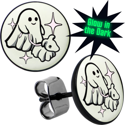 Black Anodized Halloween Ghost Dog Walker Glow in the Dark Stud Earrings by Onyx O