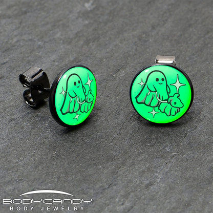 Black Anodized Halloween Ghost Dog Walker Glow in the Dark Stud Earrings by Onyx O