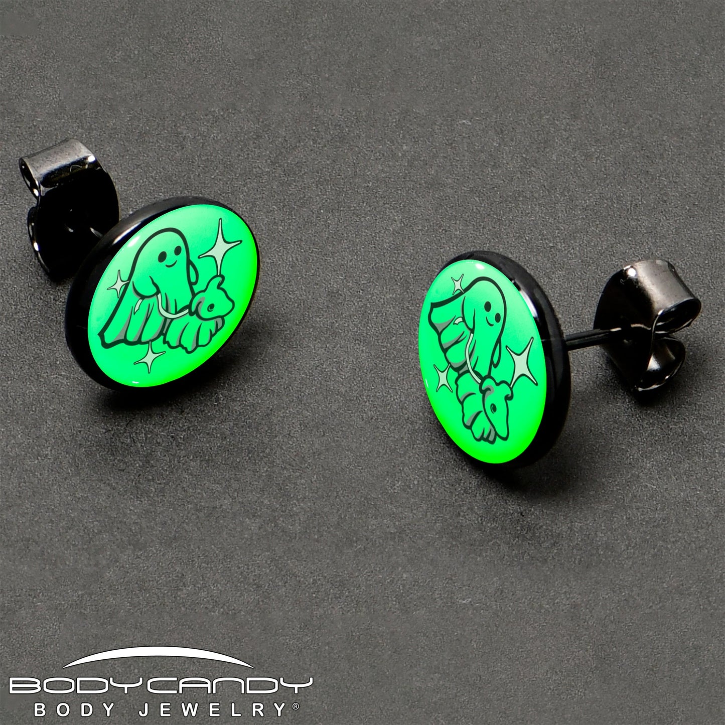 Black Anodized Halloween Ghost Dog Walker Glow in the Dark Stud Earrings by Onyx O