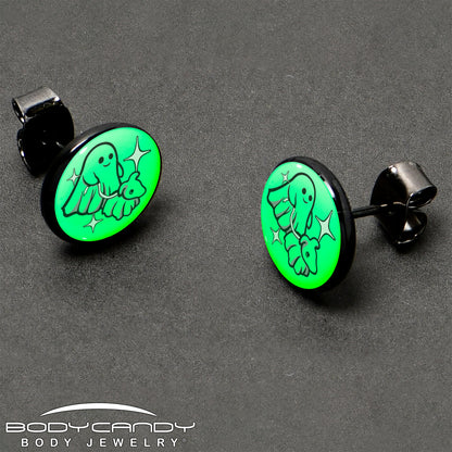 Black Anodized Halloween Ghost Dog Walker Glow in the Dark Stud Earrings by Onyx O
