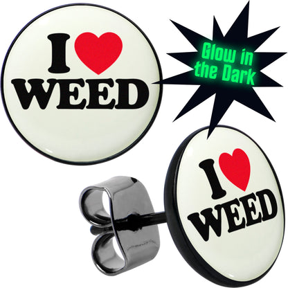 Black Anodized I Love Weed Glow in the Dark Stud Earrings by Onyx O