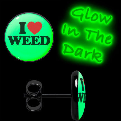 Black Anodized I Love Weed Glow in the Dark Stud Earrings by Onyx O