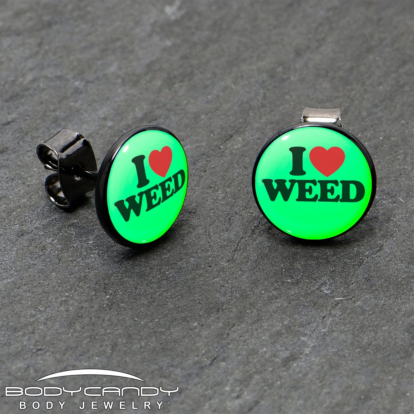 Black Anodized I Love Weed Glow in the Dark Stud Earrings by Onyx O