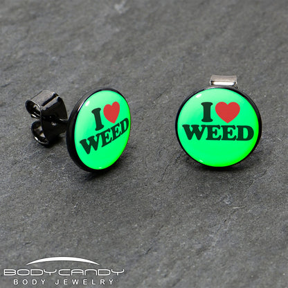 Black Anodized I Love Weed Glow in the Dark Stud Earrings by Onyx O