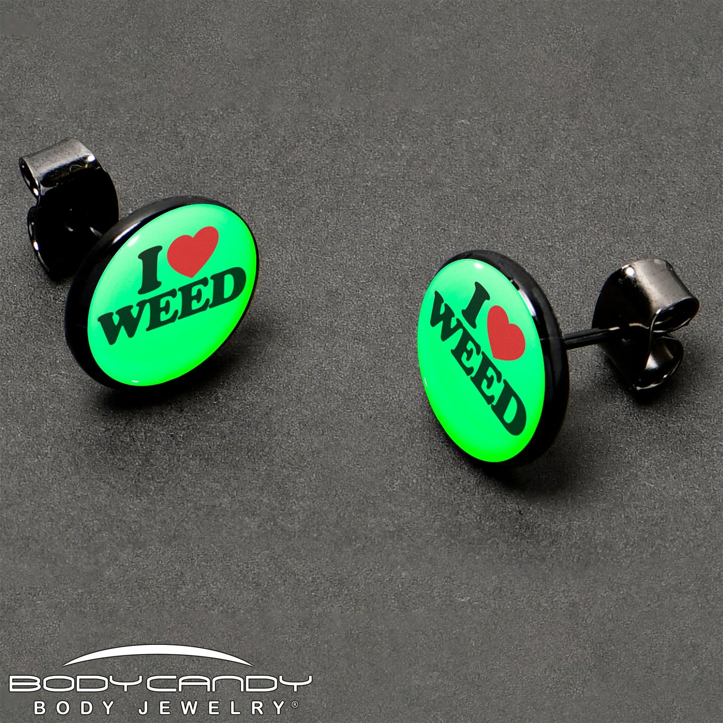 Black Anodized I Love Weed Glow in the Dark Stud Earrings by Onyx O