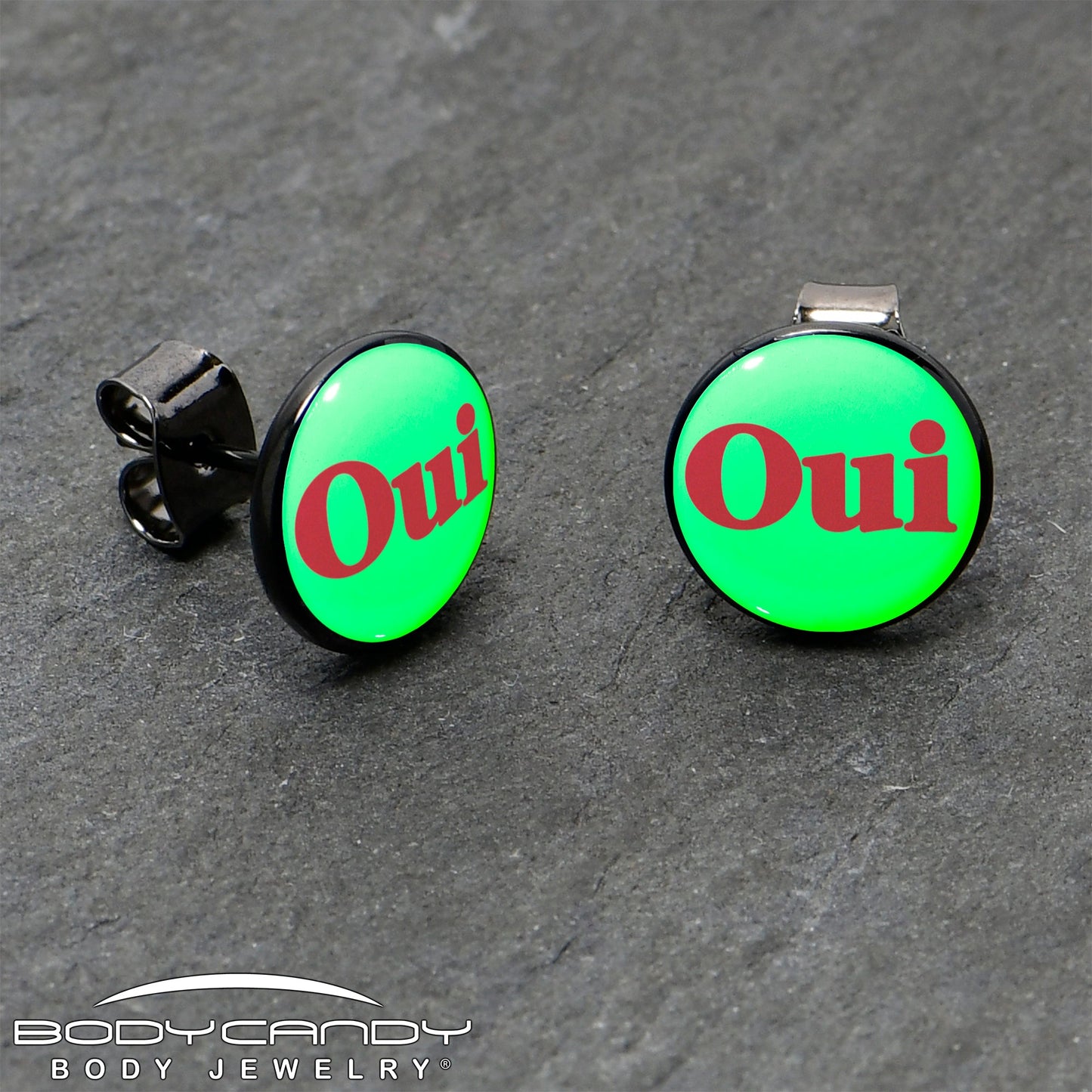 Black Anodized OUI Glow in the Dark Stud Earrings by Onyx O