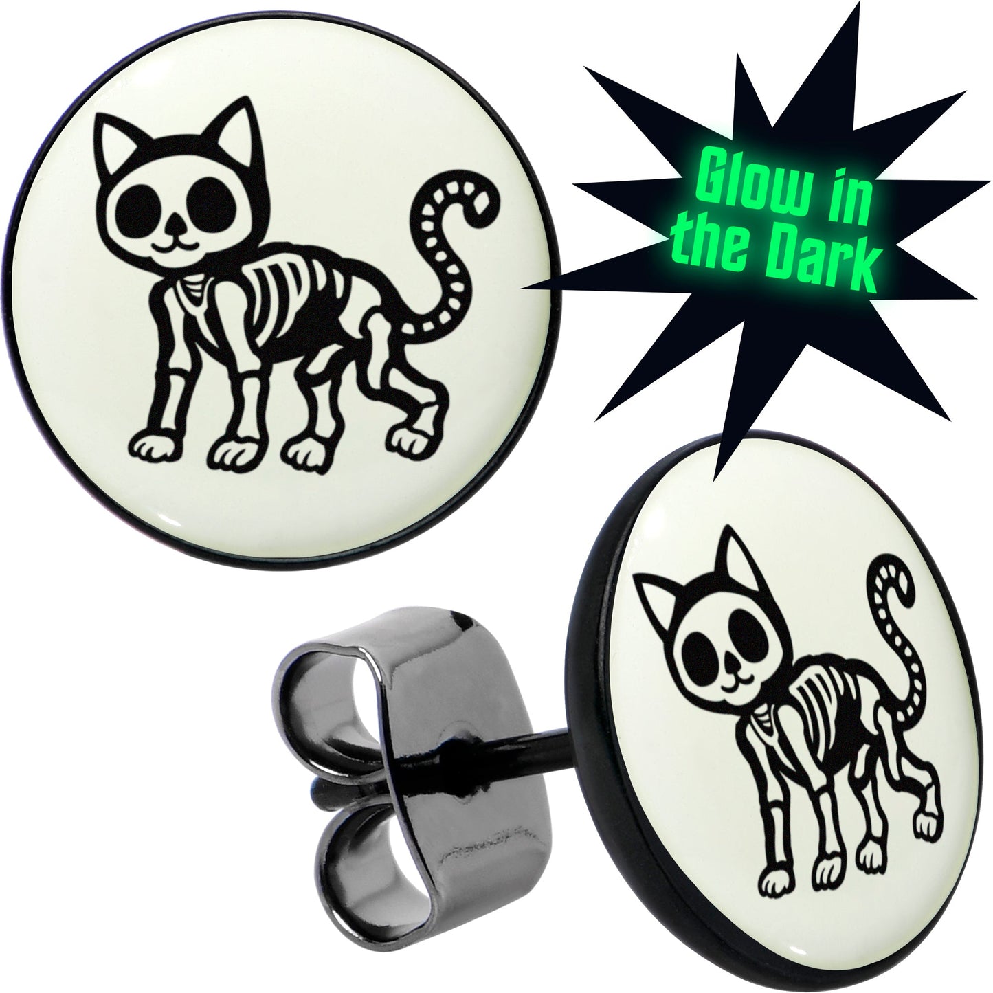 Black Anodized Skeleton Kitty Cat Glow in the Dark Stud Earrings by Onyx O