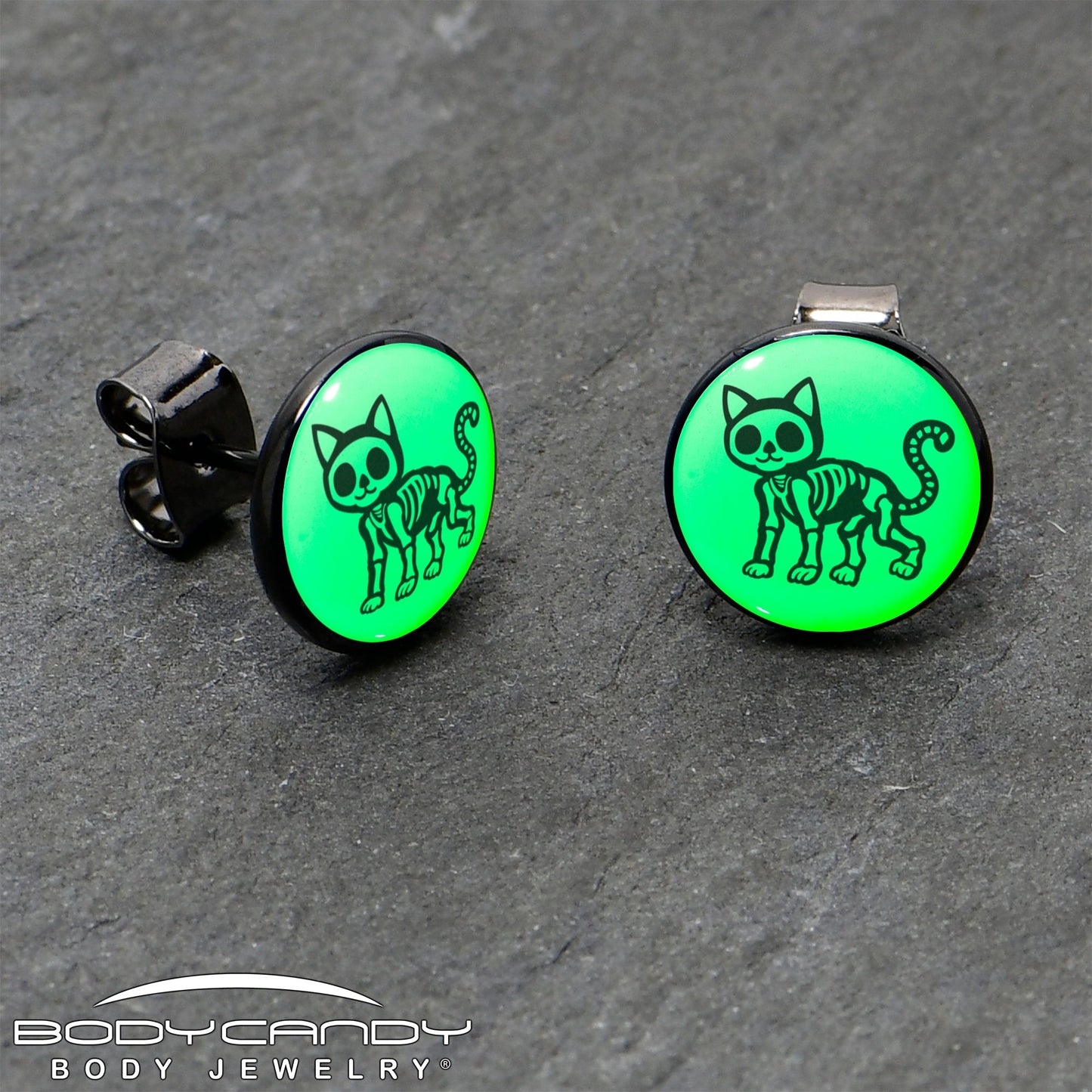 Black Anodized Skeleton Kitty Cat Glow in the Dark Stud Earrings by Onyx O