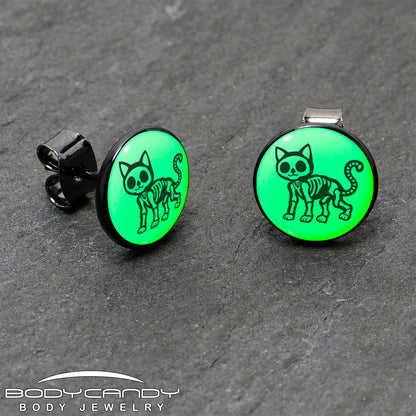 Black Anodized Skeleton Kitty Cat Glow in the Dark Stud Earrings by Onyx O