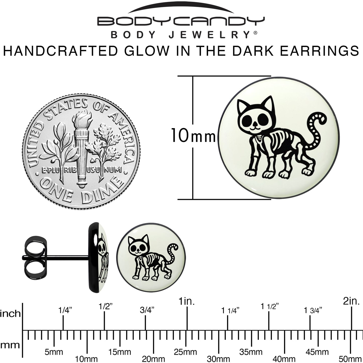 Black Anodized Skeleton Kitty Cat Glow in the Dark Stud Earrings by Onyx O
