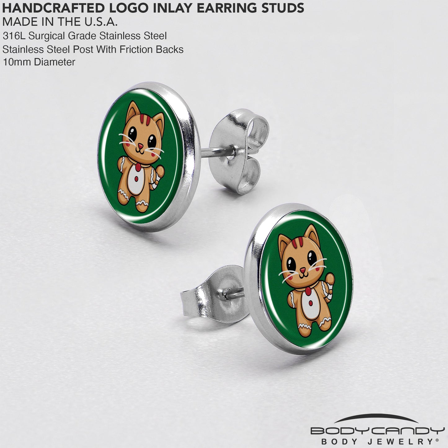 Christmas Holiday Gingerbrread Kitty Cat Stud Earrings by Onyx O